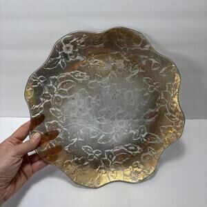 Vintage Etched Glass Plate 11” Gold Floral Scalloped Edge Mid-Century